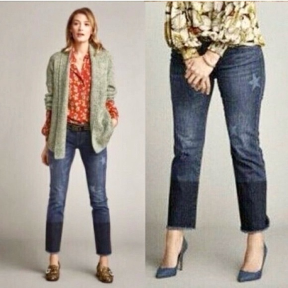 Cabi 2 Slim Boyfriend Two Tone Stars Women’s Jeans Frayed Hems Cropped Stretch - Picture 1 of 11